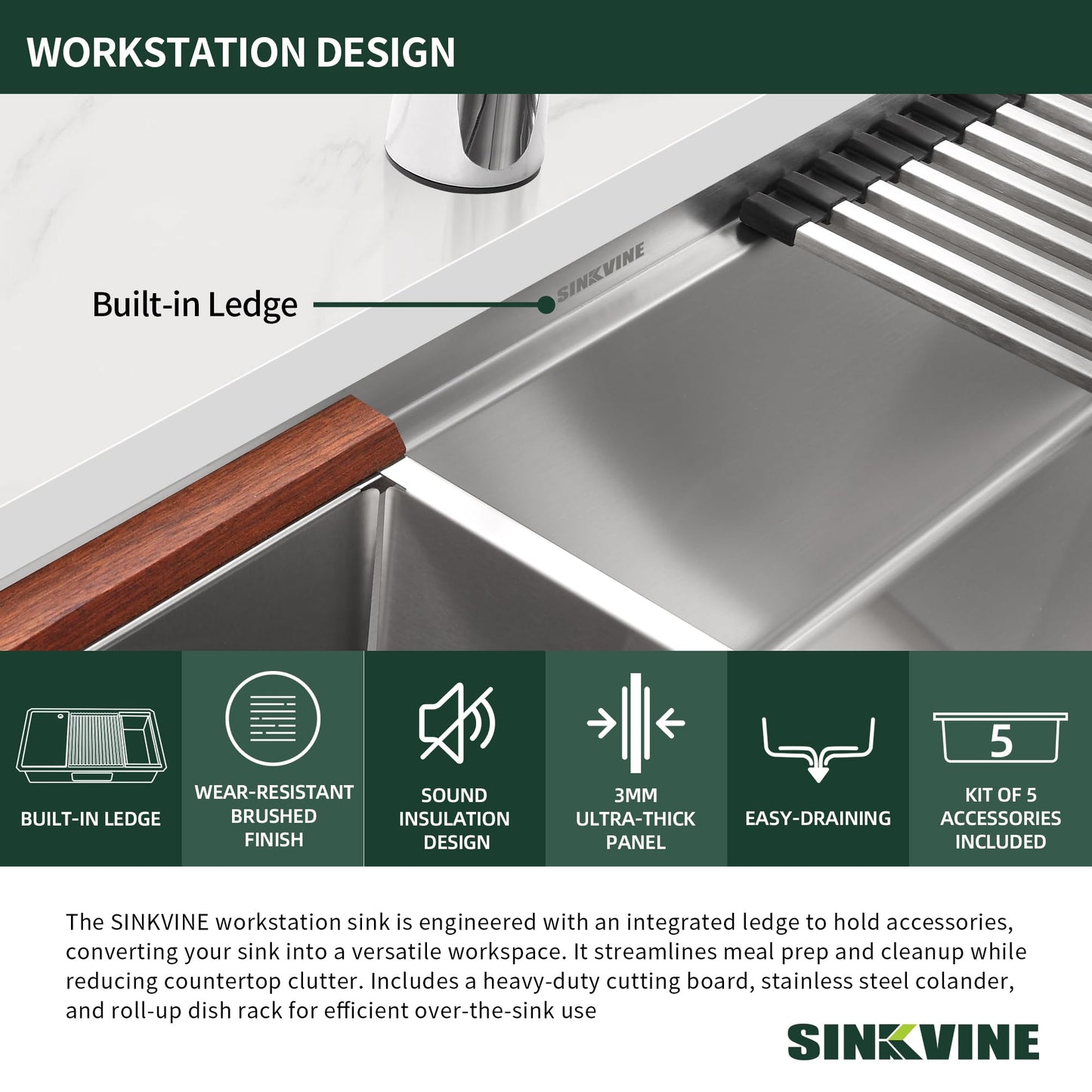 27-inch Undermount Kitchen Sink Workstation, SINKVINE 25x19 Outdoor Sink BBQ, Stainless Steel Single Bowl Basin w/Sapele-Wood Cutting Board, SST Colander w/Wood Handle, and Roll-up Dish Drying Unit
