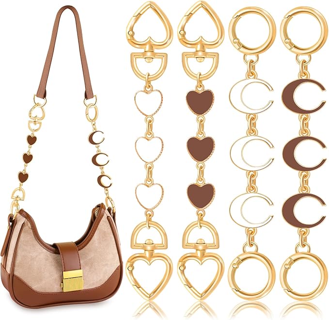 4Pcs Bag Extender Chain (White and Brown Moon Heart) Purse Extender Chains Bag Strap Extender for Handbags Shoulder Bag, Metal Gold Chain Replacement Purse Bag Chains Accessories Mother's Day