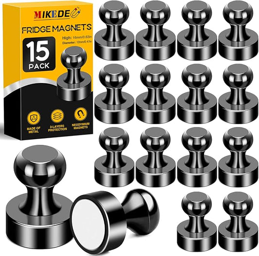 MIKEDE Fridge Magnets for Whiteboard, 15Pcs Strong Magnets for Whiteboard, Black Refrigerator Magnets Neodymium Push Pins for Office, Magnets, at School, Classroom, Kitchen