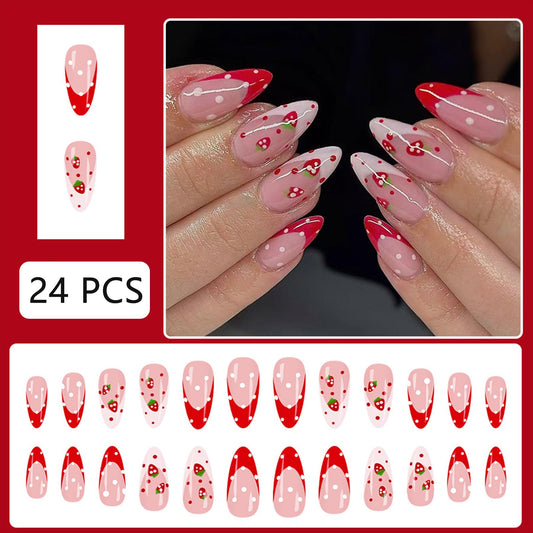Spring Summer Red Pink French Press on Nails Medium Almond Fake Nails Polka Dot False Nails with Strawberry Design Stick on Nails for Women Girls Summer Manicure Decoration 24 Pcs
