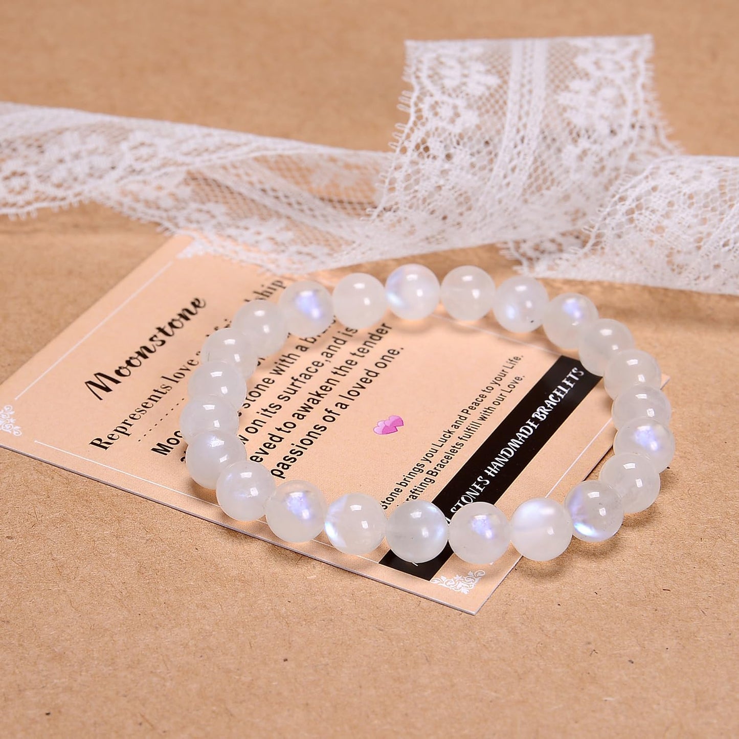 AD Beads Handmade Gemstone Stretch Elastic Bracelet Crystal Healing Reiki Nature's Beauty and Spiritual Essence Unisex (8mm, Moonstone (Love and Friendship))