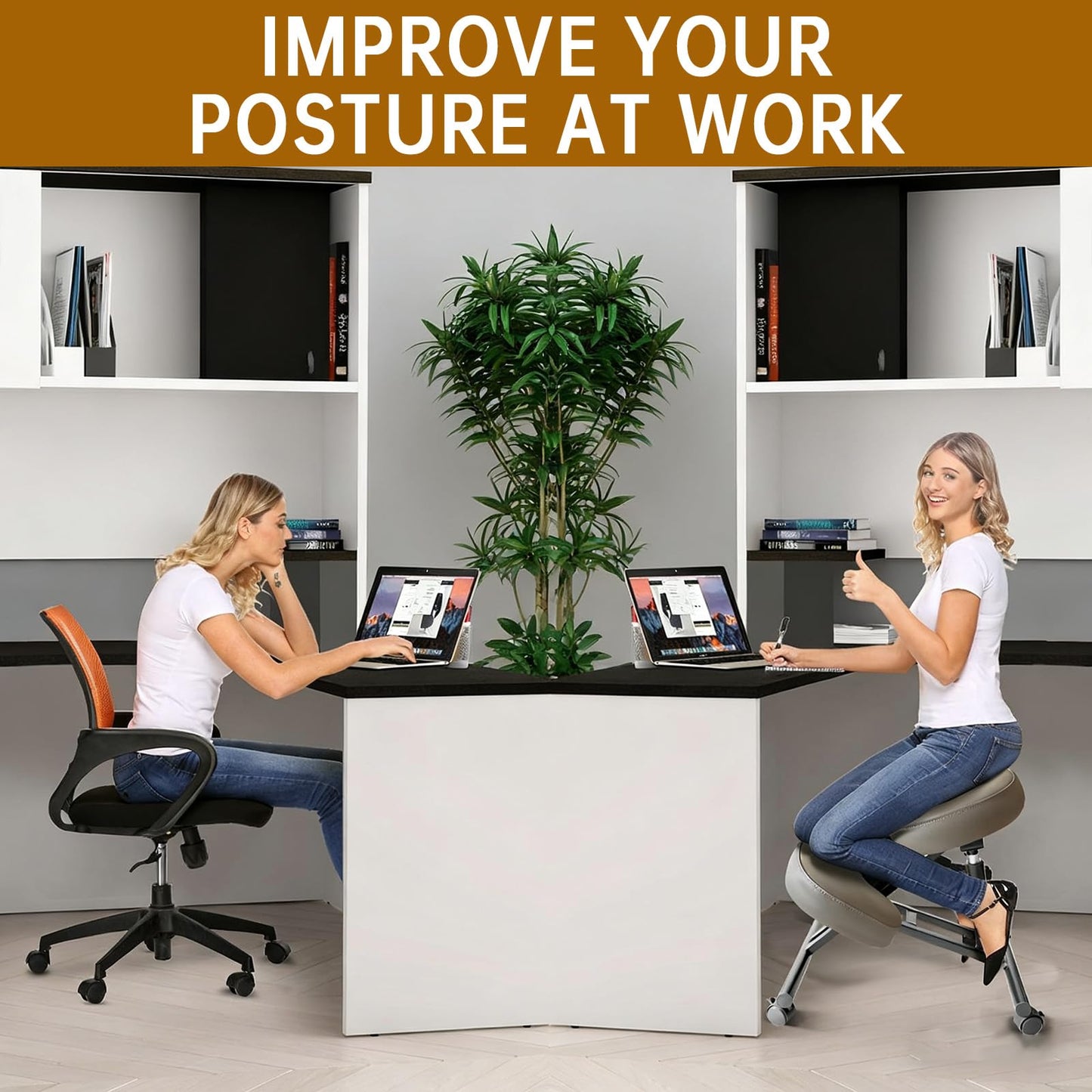 PU Leather Ergonomic Kneeling Chair, Adjustable Home and Office Stool with Thick Pads and Flexible Lockable Brake Wheels for Back Pain Relief（Dark Brown）
