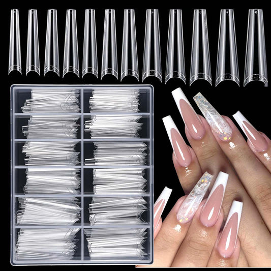 240pc Extra Long French Coffin Nail Tips, Soft Gel Coffin Fake Nails, XL Gel Nail Tips Half Cover Curved Ballerina False Nails, Extra Long Artificial Fingernail 12 Size for Acrylic Nail Extension