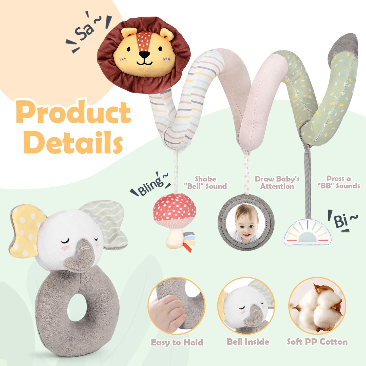 Joyreal Spiral Car Seat Toys with Jungle Soft Book, Plush Rattles and Linking Rings, Stroller & Travel Toy for Newborns and Infants 0-12 Months Girls Boys