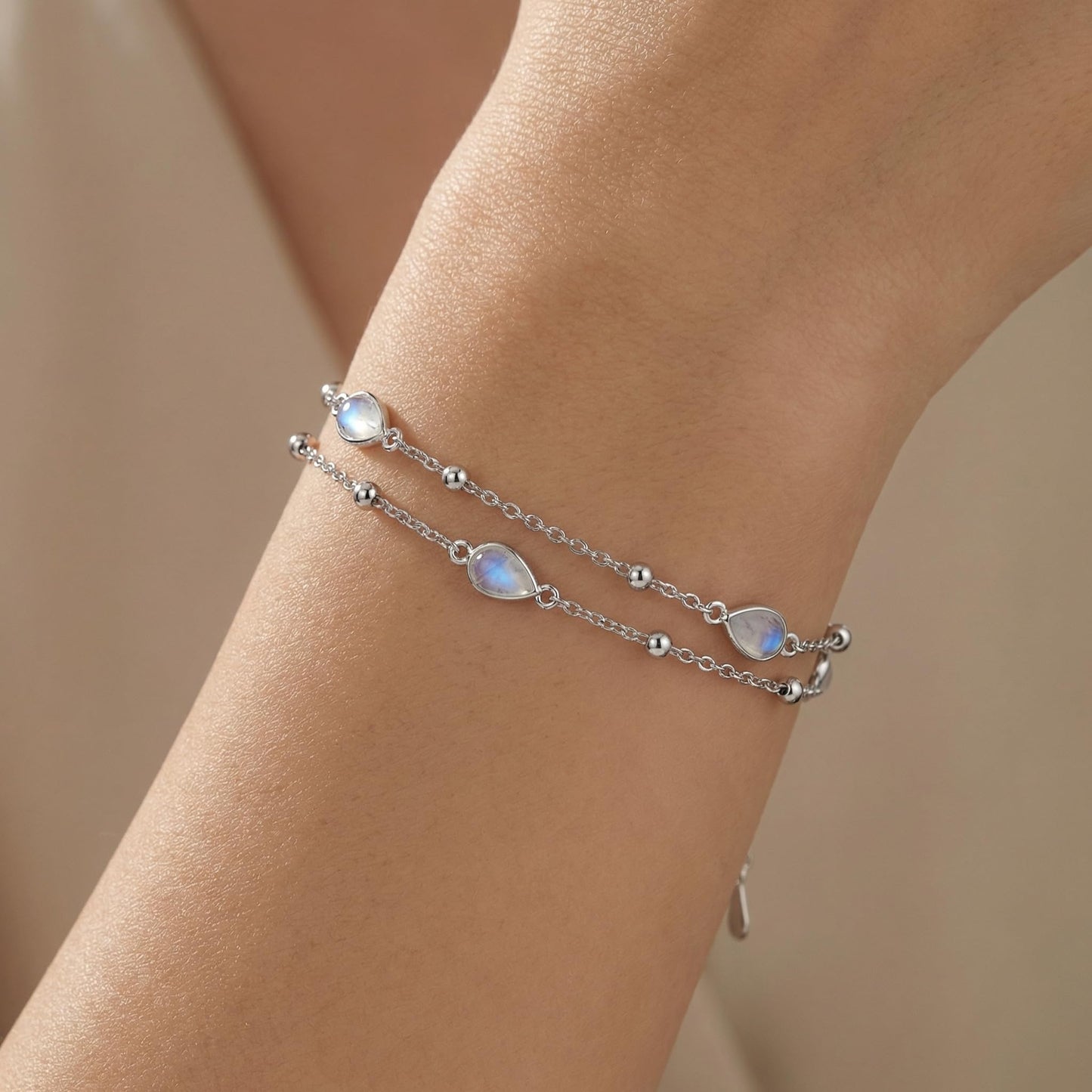 ZADIUA Moonstone Bracelet 925 Sterling Silver Adjustable Moonstone Double Layered Chain Bracelet Jewelry Gifts for Women
