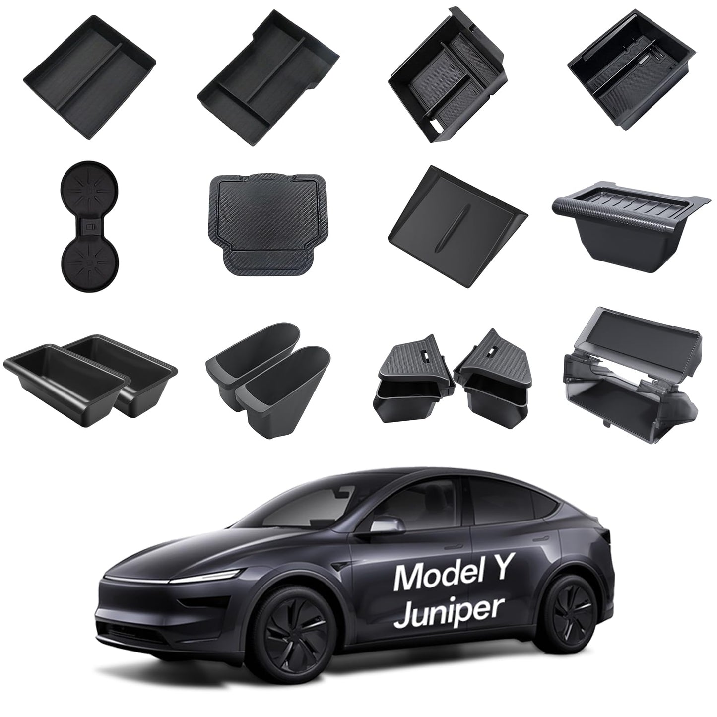 DGXWLLW 16PCS Organizer Tray Storage Box for Tesla Model Y Juniper 2025 2026 Premium Performance Accessories with Trunk Storage Bins Under Screen Tray Under Seat Box Trash Can Center Organizer Set