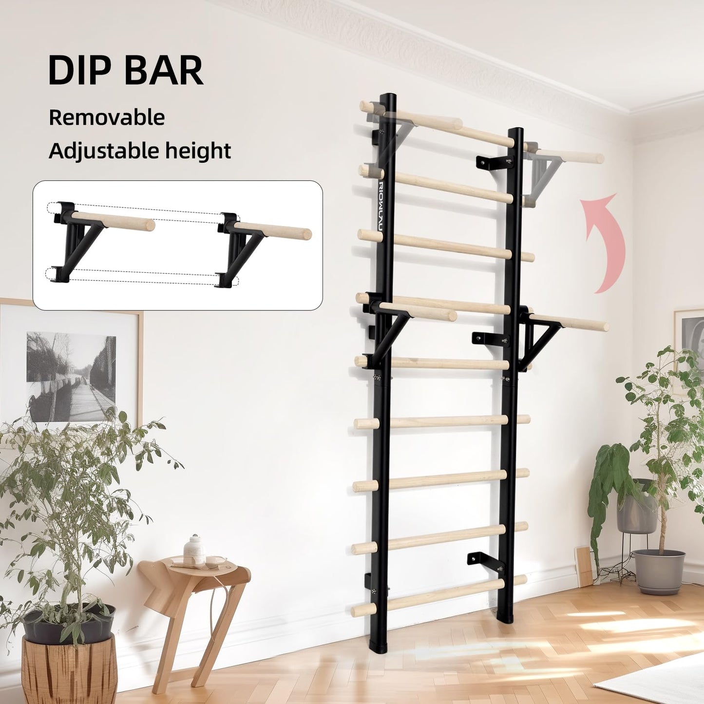 RIOWLAU Swedish Ladder Dip Bar Attachment, Fits TS003A Ladder, Wood Stall Bar for School, Physical Therapy and Gymnastics, Multi-grip (Black, 20"L x 2""W x 11""H)"