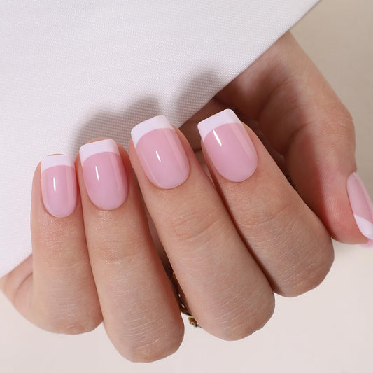 Hrnsnails Short Square Press On Nails, Glue On Nails Short Fake Nails with White French Tip Nails Glossy Designs, Nails Press Ons Soft Gel False Nails,Artificial Nails Stick On Nails for Women