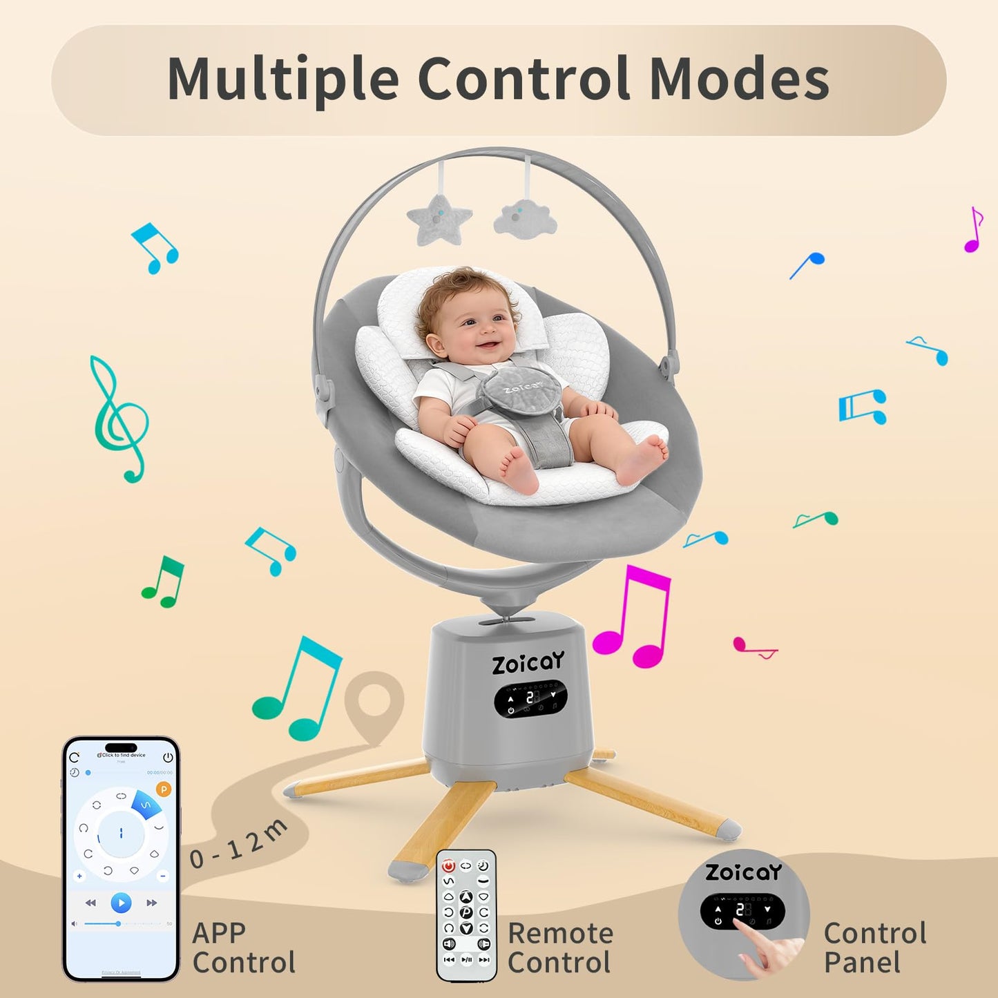 Baby Swings for Infants, Zoicay Electric 3D-Motion Baby Swing with 9 Modes & 8 Speeds, 360° Rotating Seat, APP & Remote Control, 6 Lullabies, Portable Infant Swing for Indoor and Outdoor(Gray)