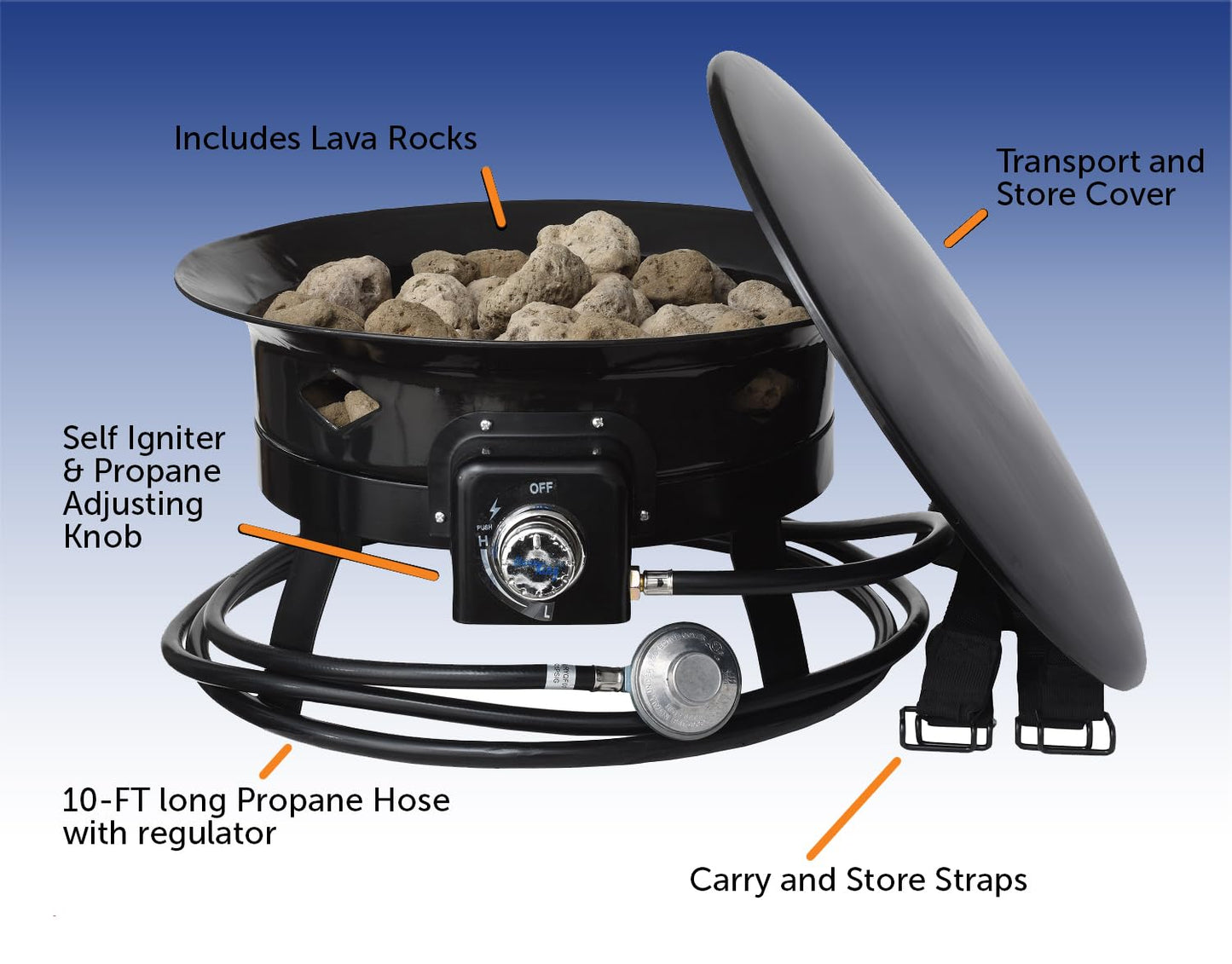 Flame King Smokeless Portable Propane Fire Pit Bowl, 19 inches, 58K BTU with Propane Grip Scale, Self Igniter, Cover, & Carry Straps for RV, Camping, & Outdoor Living
