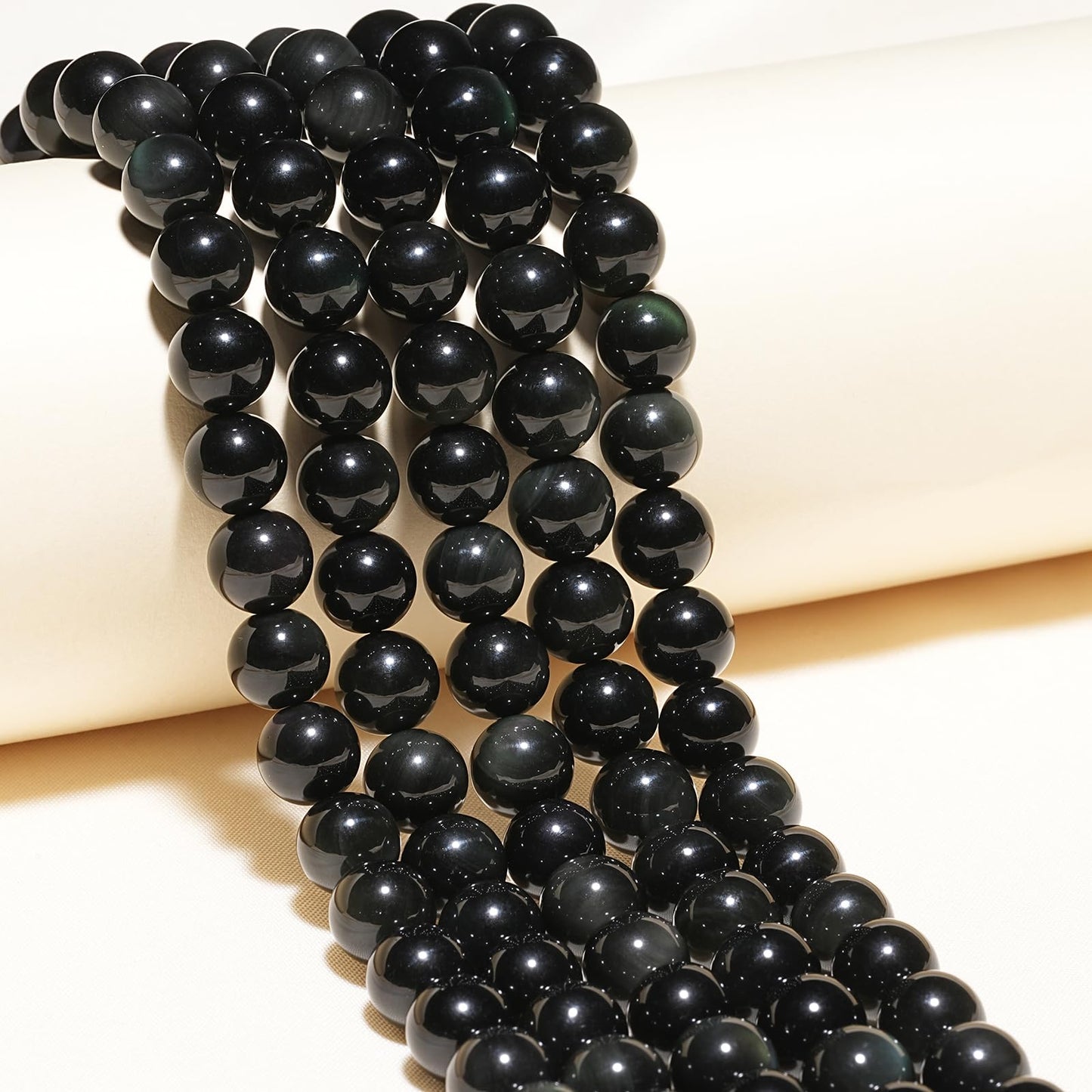 10mm Natural Rainbow Black Obsidian Gemstone Beads Polished Round Smooth Stone Beads for Bracelets Jewelry Making 15inch Loose Beads