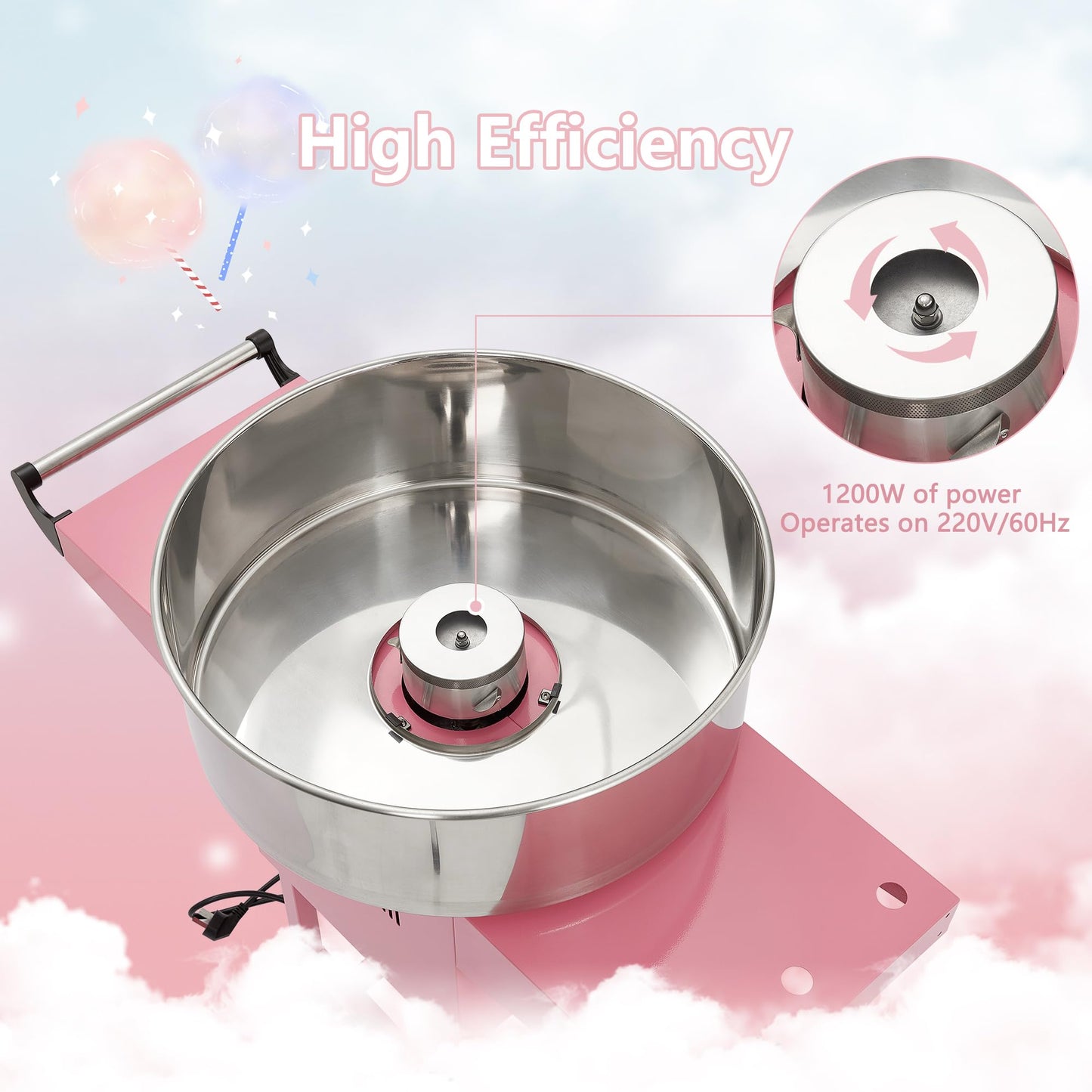 Electric Candy Cotton Machine for Kids with Cart Commercial Candy Cotton Maker with 20 in Stainless Steel Bowl Party Home Festival Pink