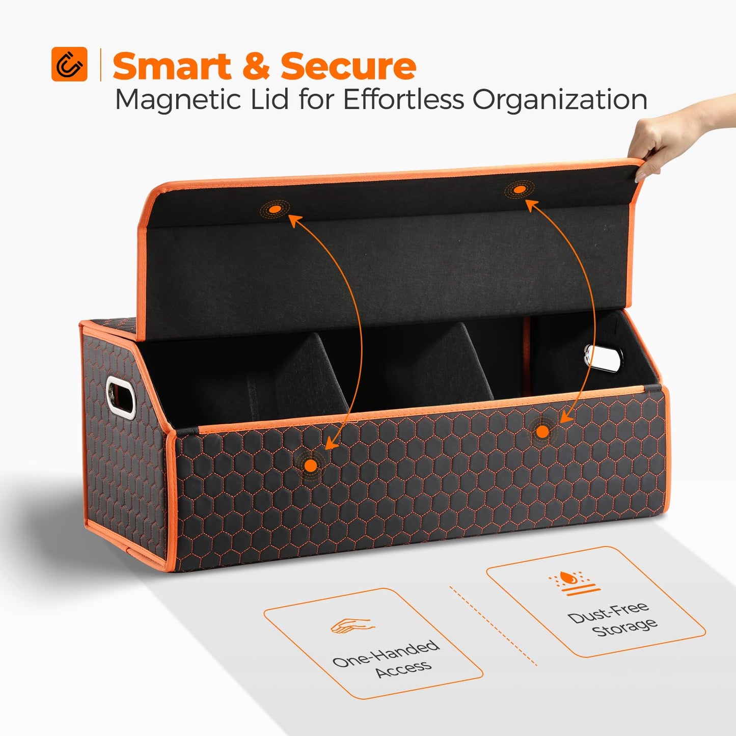 Fyzeoty Car Organizers and Storage - Trunk Organizer for Suv Car,Car Trunk Leather Storage Box,Extra Large,Magnetic Lid,Collapsible and Adjustable