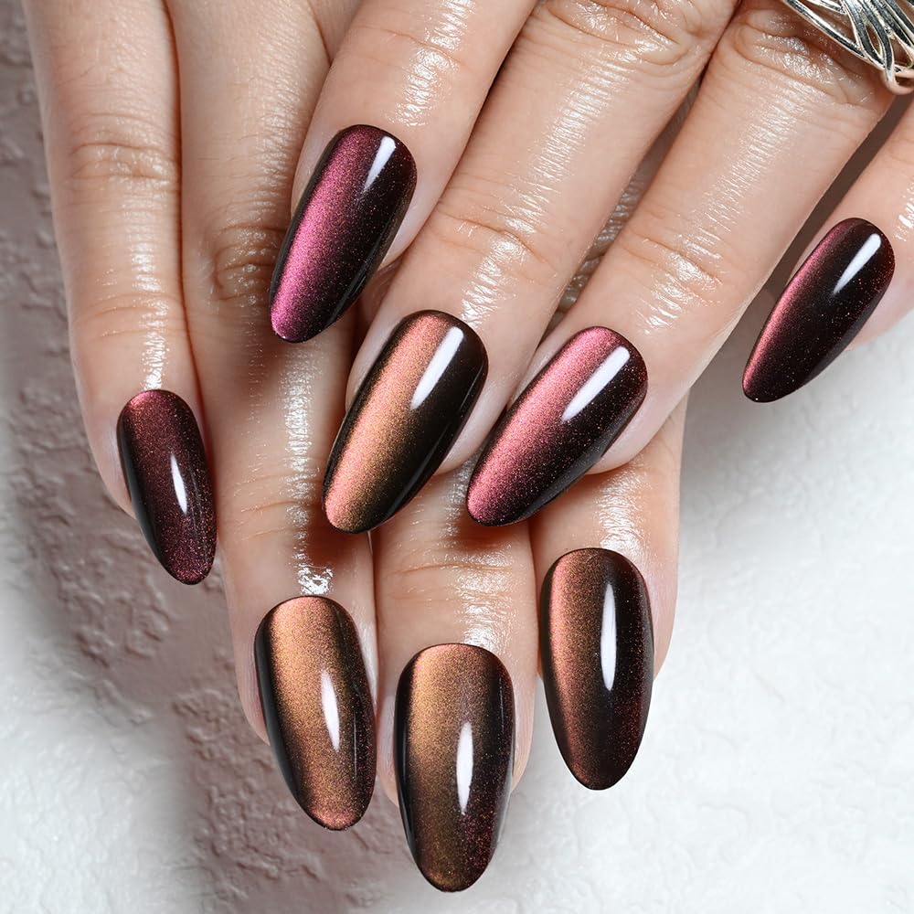 evpct Purple Red Cat Eye Chrome Press on Nails Almond Medium with Design, Holographic Medium Almond Stick on Fake Nails for Women, Glossy Cat Eye Effect, Perfectly Fit Salon-quality Soft False Nail