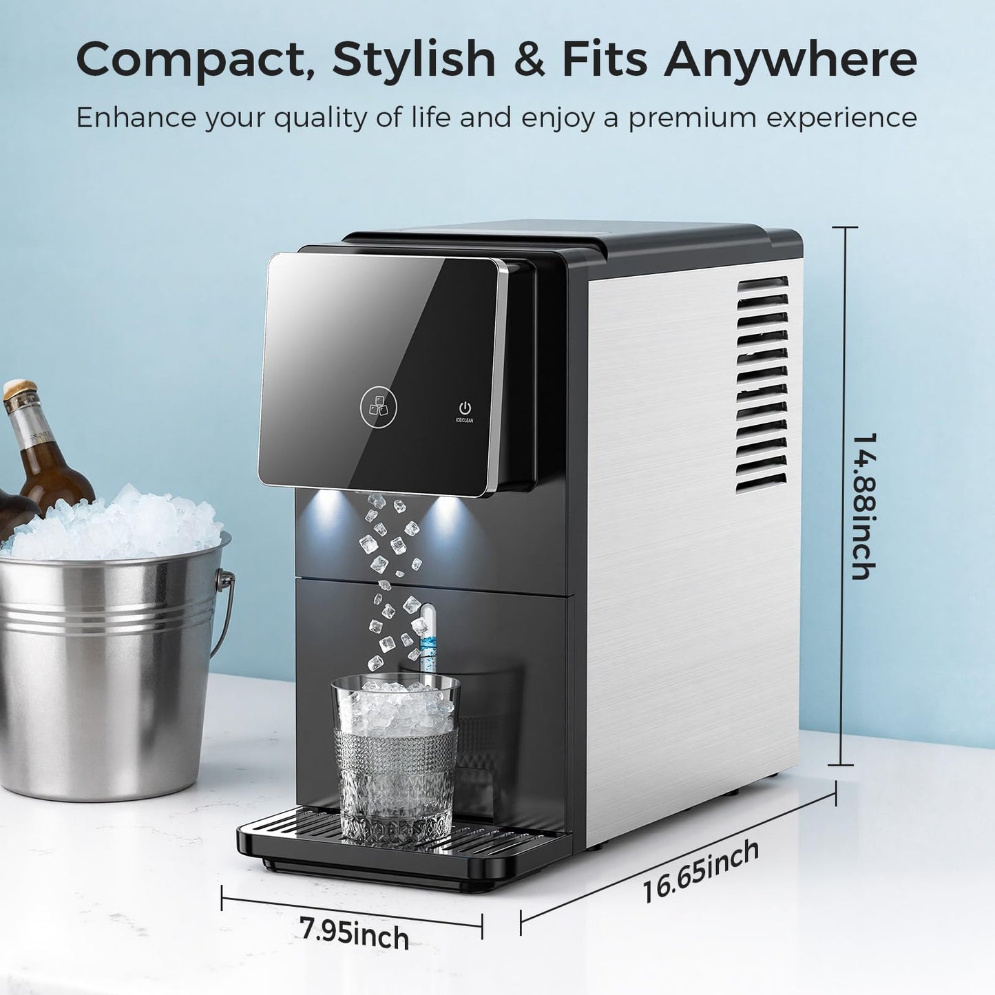 33 lbs/Day Countertop Nugget Ice Maker with Self-Cleaning,Portable Countertop Ice Machine, Auto Lighting, Measured Dispensing，and Ice Full Minder for Home, Kitchen, Office, Black