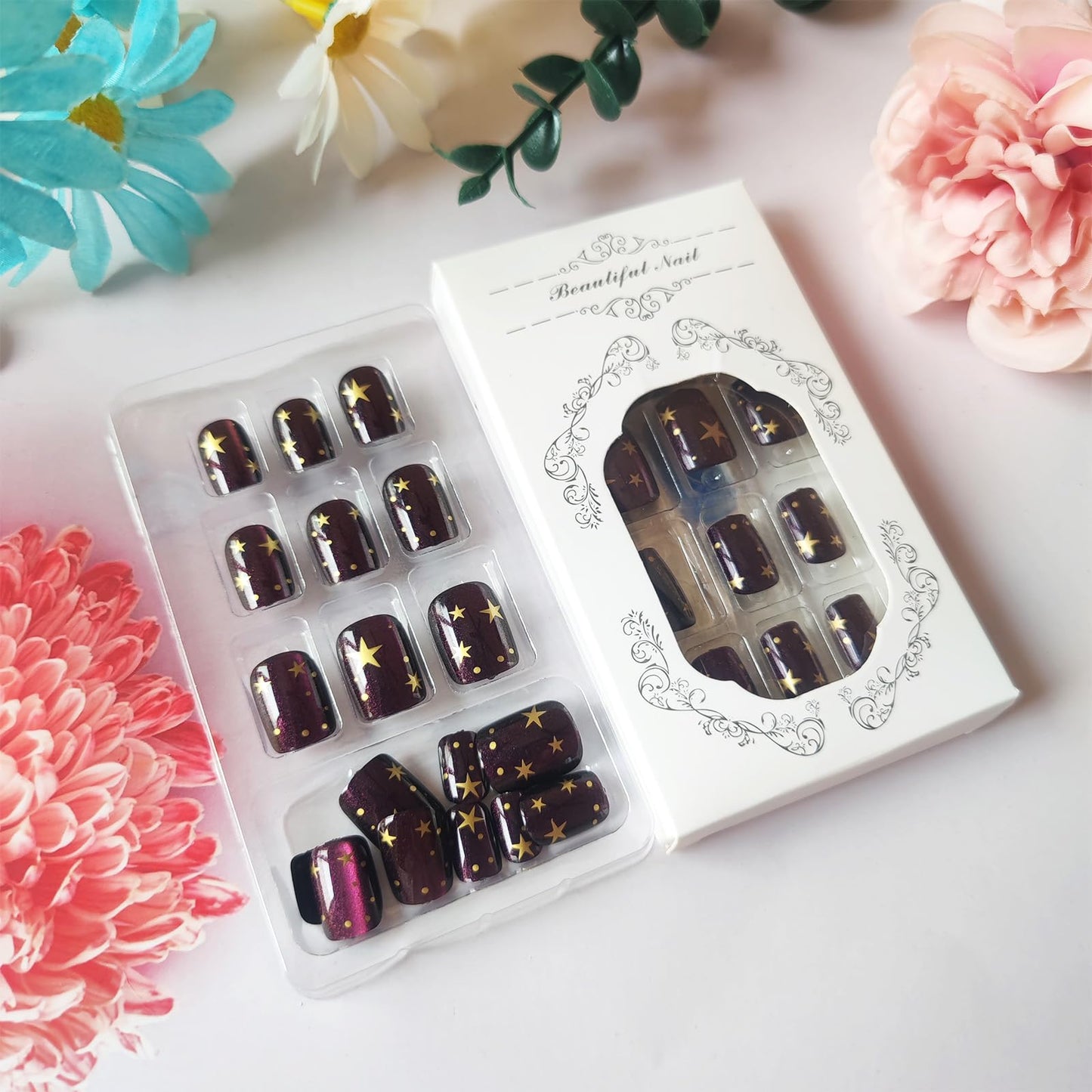HZJXRT Press on Nails 24 Pcs Starry Sky Gel Glue on Nail Glossy Purple Glitter Stick on Fingernail Gold Stars Acrylic Fake Nail Polka Dots Short Square False Nails for Coquette Women Gift