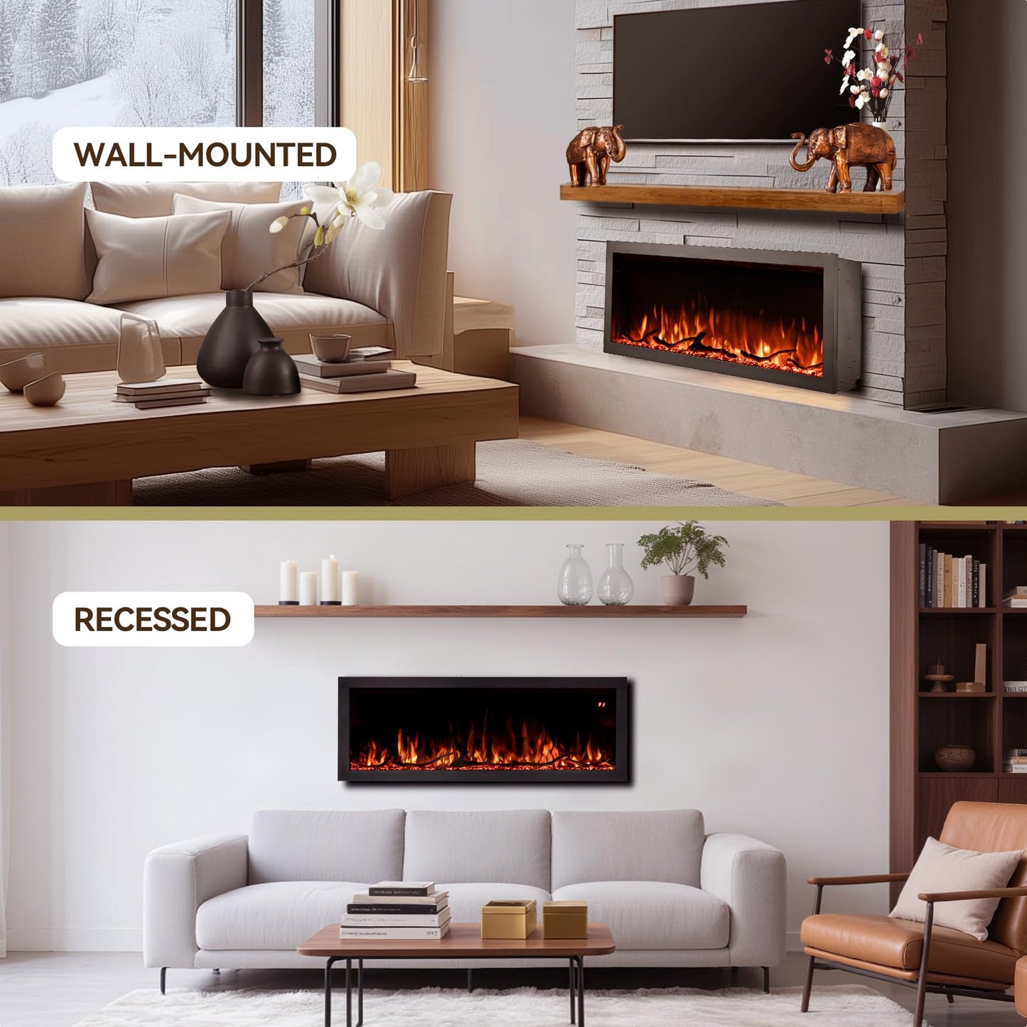 Tuan 60 Inch Electric Fireplace, APP Remote Control Compatible, Wall Mount or in Wall Recessed Fireplace Insert, Color Changing Flames& Embers, Indoor Fireplaces