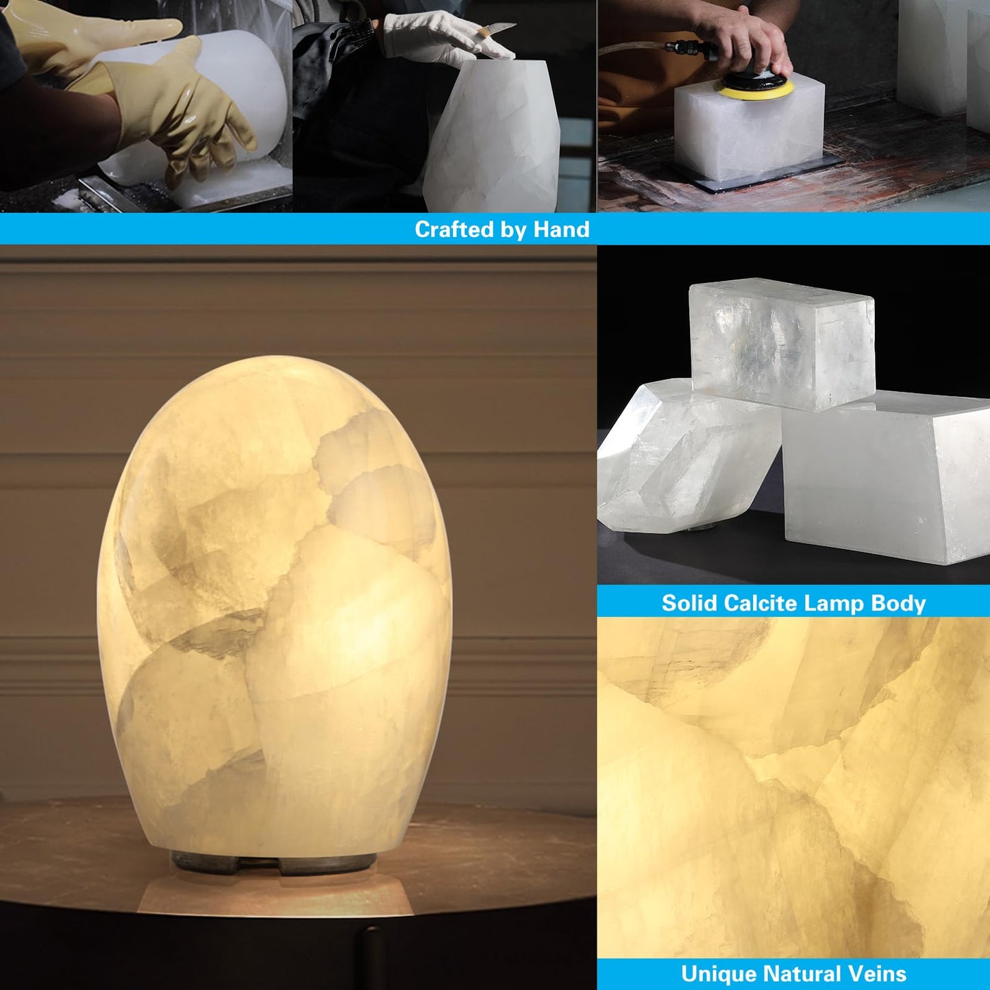 Artsolute Natural Calcite Stone Lamp – Handcrafted from Solid Crystal Stone, Dimmable Bedside Accent Light, Unique One-of-a-Kind Texture, Small Cylinder Table Lamp for Bedroom