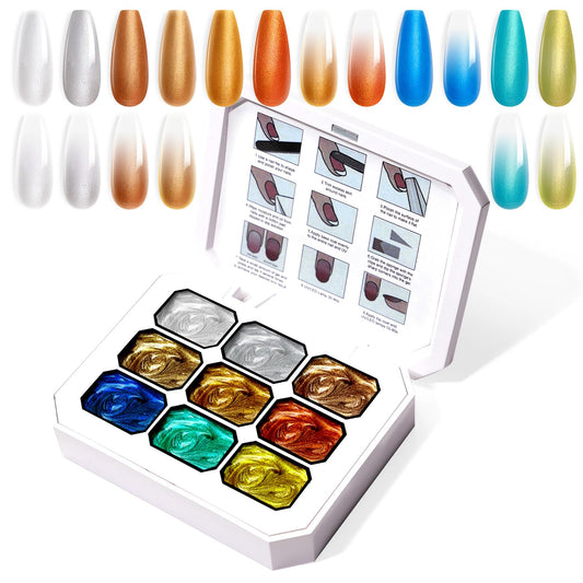 U-Shinein Gradient Painting Gel, 9 Colors Ombre Gel Nail Polish Gold Silver Metallic Effect Pigment Pat Aura Nails French Manicure Soak Off UV Long-lasting Home Salon DIY Nail Art Satin Metal(01)