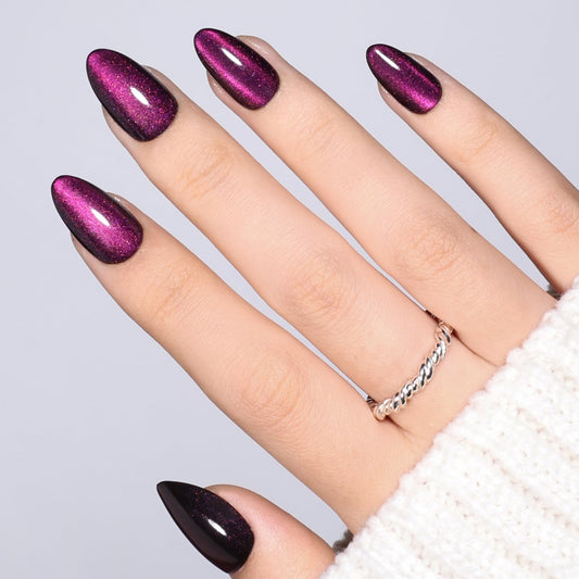 Purple Cat Eye Press On Nails Almond - Short Almond Fake Nails with Nail Glue, Purple Cateye Press On Nails Reusable Stick On Nails in 16 Sizes 32 Nail Kit for Women & Girls | Salon Quality