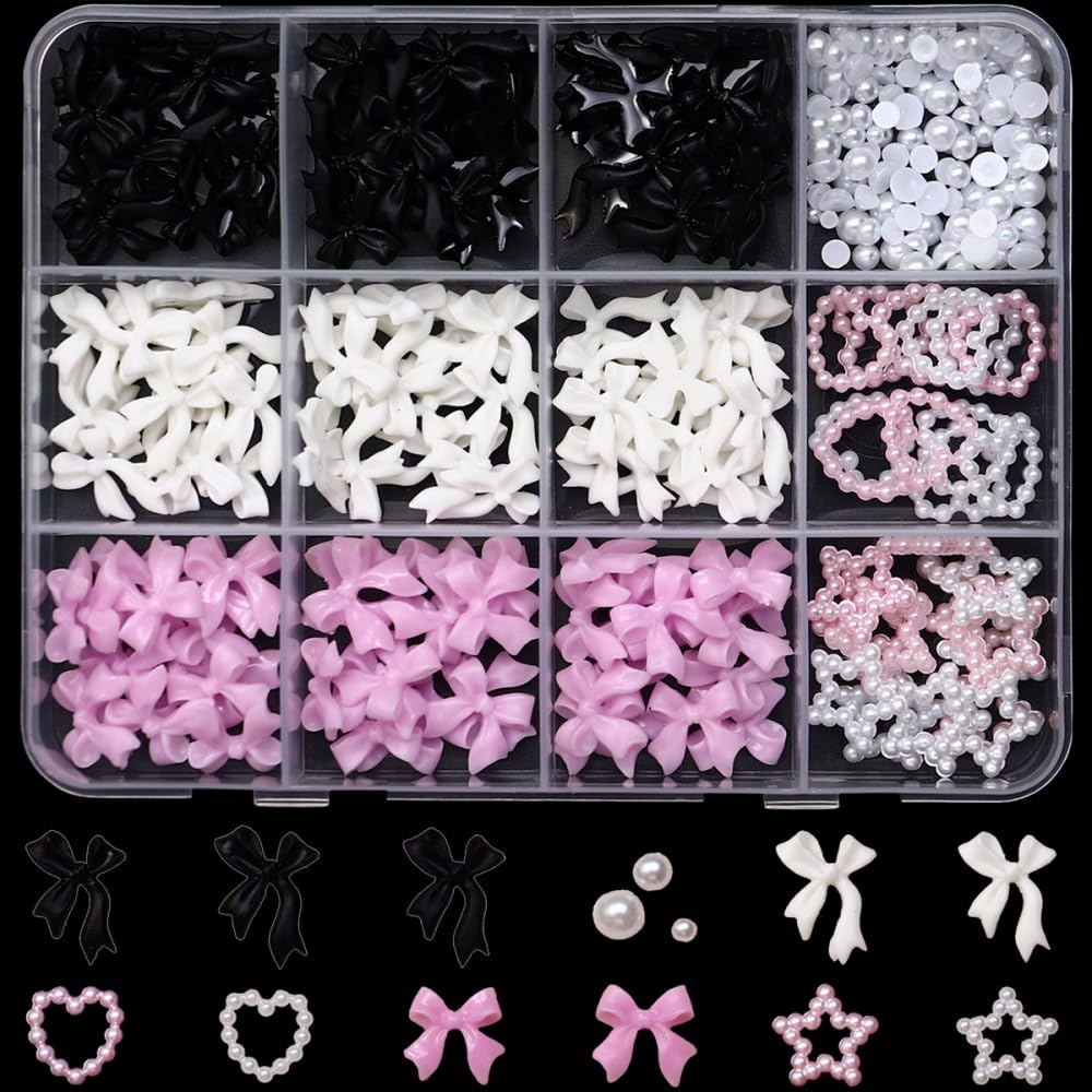 Bow Nail Charms 3D Resin Pink White Black Nail Gems Cute Silver Pearl Beads Nail Jewels Shiny Star Hearts Bowknot Nail Art Supplies for Women DIY Acrylic Nail with Tweezers 12 Grids 1 Box 12 Styles