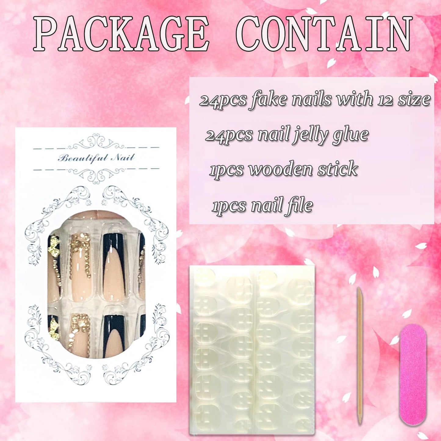 FIEONCIY Press on Nails Long Coffin Shaped Acrylic Glossy Full Cover Long Square French False Nails with Designs Artificial Extra Long Fake Nails with Charms Glue ons Fingernails for Women(XL10277)