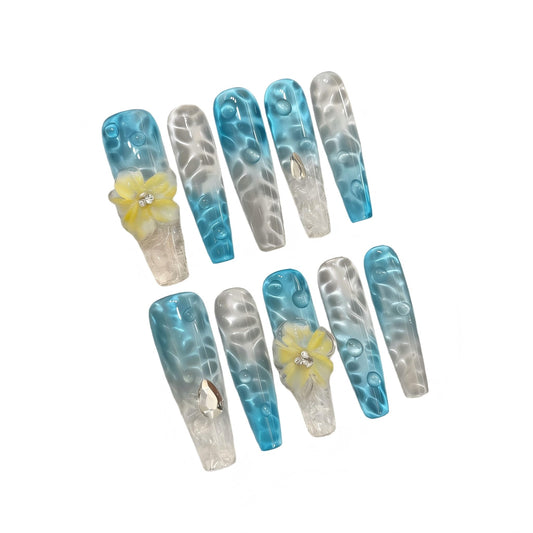 Summer Ocean Fake Nails, Blue Gradient Stiletto Coffin Nails with 3D Flowers & Glitter, Long Fake Nails for Women, Water Wave Design (S)
