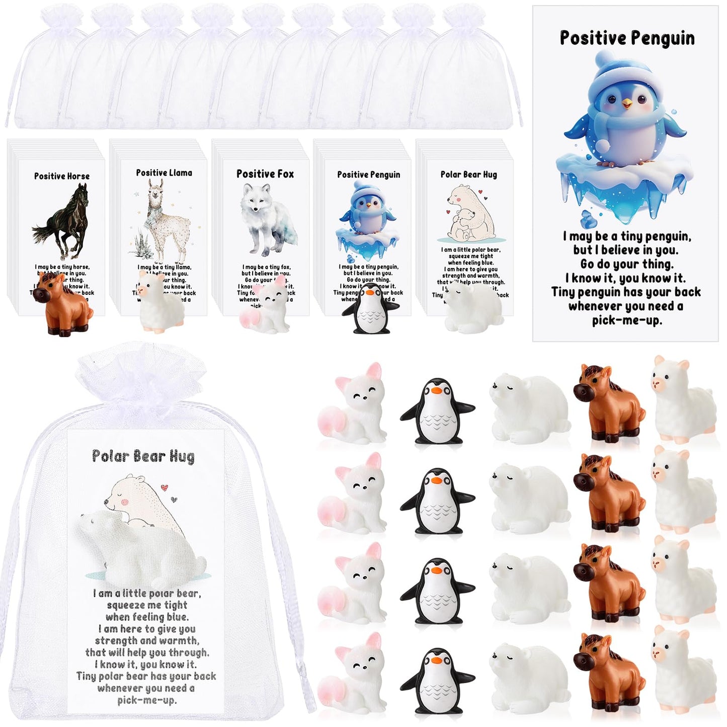 Suzile 50 Set Employee Appreciation Gifts Bulk Mini Polar Animal Figures Thank You Team Gift Pun Inspirational Card for Coworker Funny Resin Penguin Polar Bear Fox Alpaca Pony Office Favor