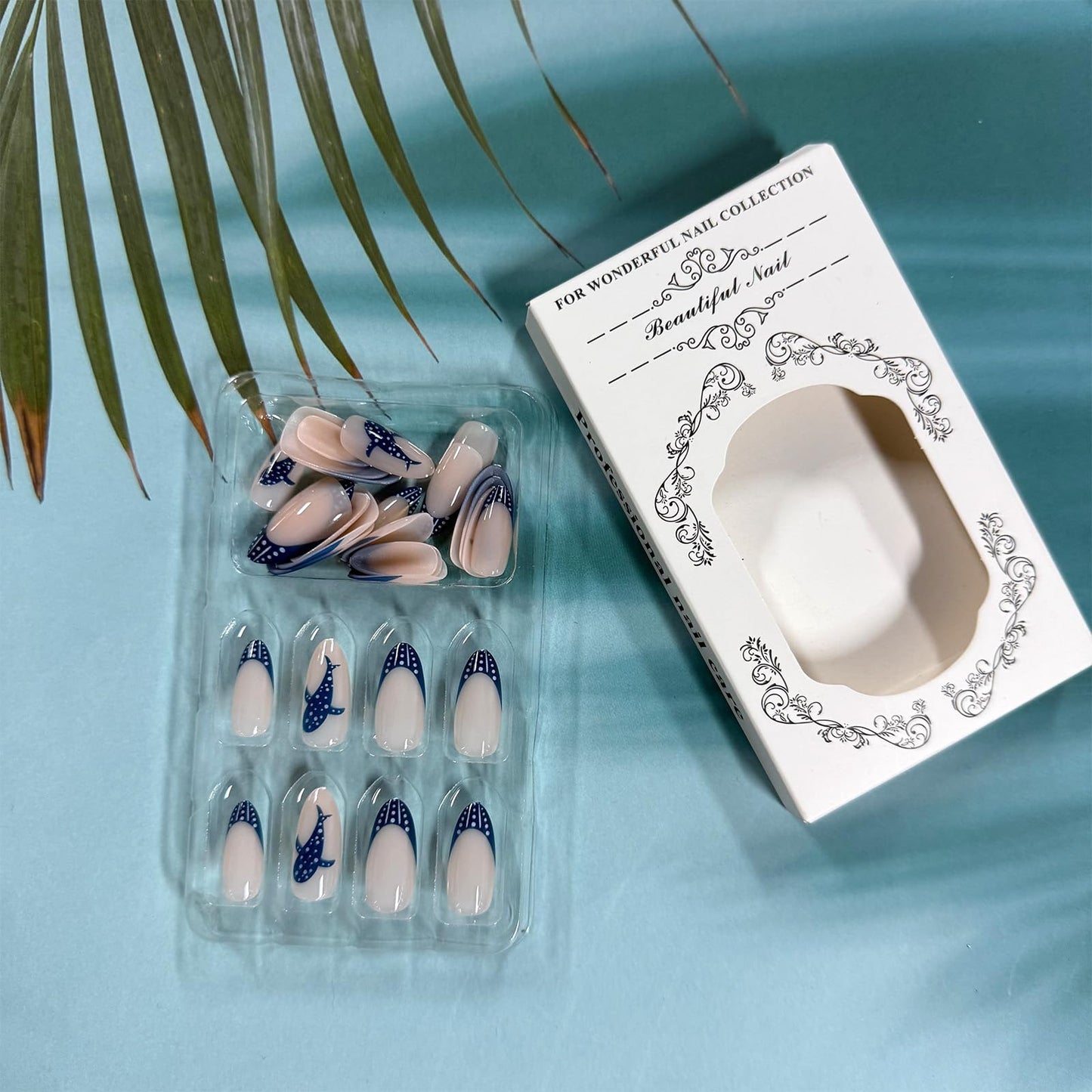 GCSQW Summer Press on Nails Almond, Ocean Whale Shark Fake Nails Polka Dot French Tip Nails Glossy Acrylic Nails Press ons, 30Pcs Reusable Stick on Nails for Women Manicure Vacation Wear