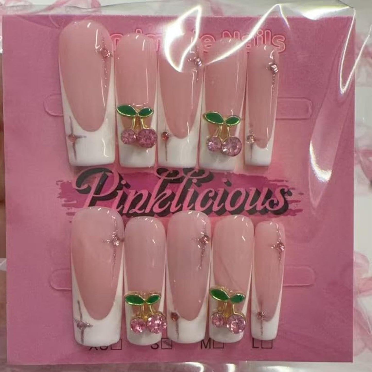 Pinktlicious Pink French Tip Press On Nails - Long Coffin Reusable False Nails with Cherry Rhinestones, Glue-On Artificial Nails for Women’s Daily & Party Manicure (S)