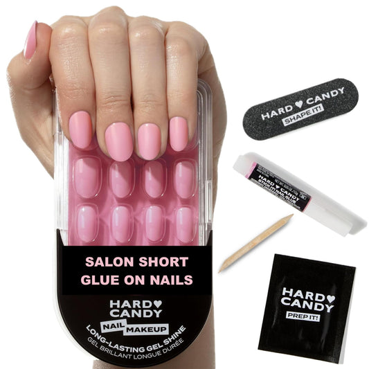 Short Pink Press On Nails | Hard Candy False Nails with Real Solid Pink Nail Polish | Includes - Reusable Short Round Nails, Strong Nail Glue and Travel Case