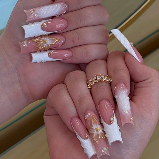 octoswave Press on Nails Long Square Fake Nails White French Artificial Nail 3D Embossed Flowers Pearl Stick on Nail for Women 24pcs