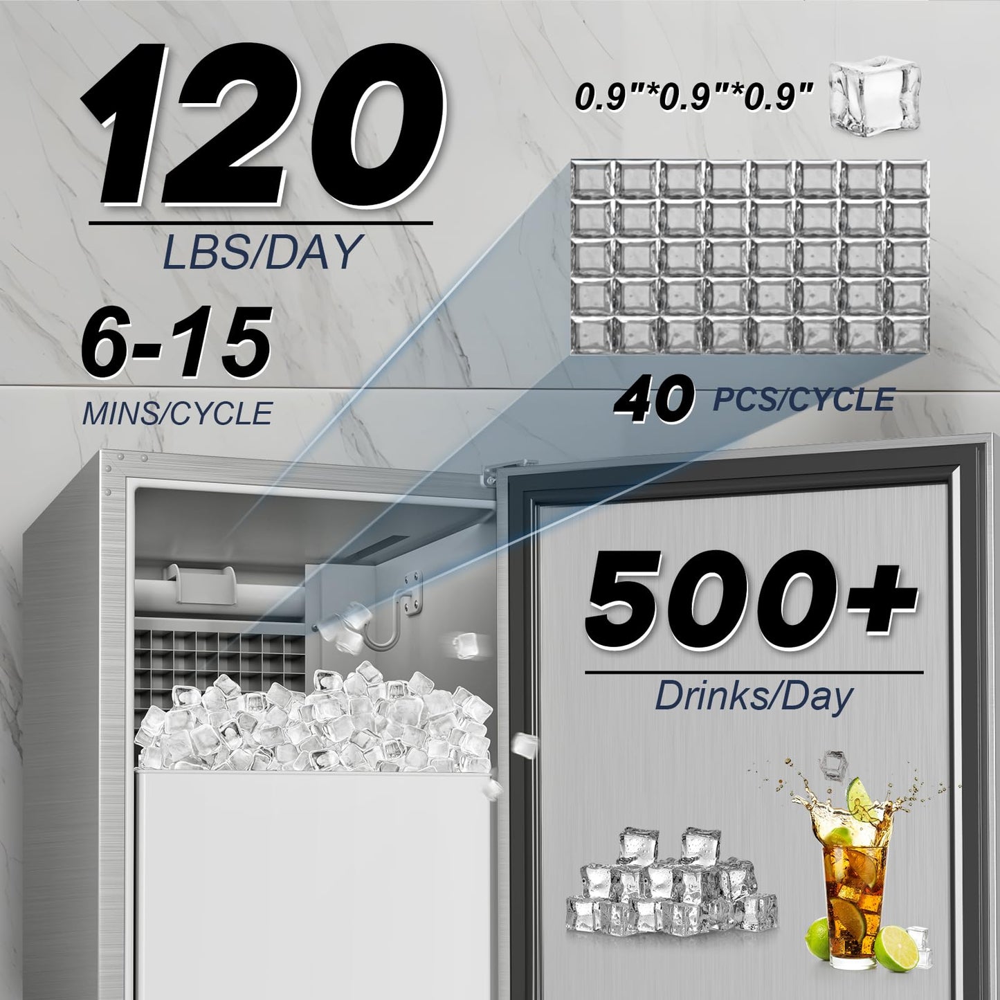 SOZT® Under Counter Ice Maker, 120LBS/24H Ice Machine, Self-Cleaning & 24H Timer, Commercial Ice Maker with 30LBS Storage - Reversible Door, Built-in/Freestanding Design for Home Bar Cafe Restaurant