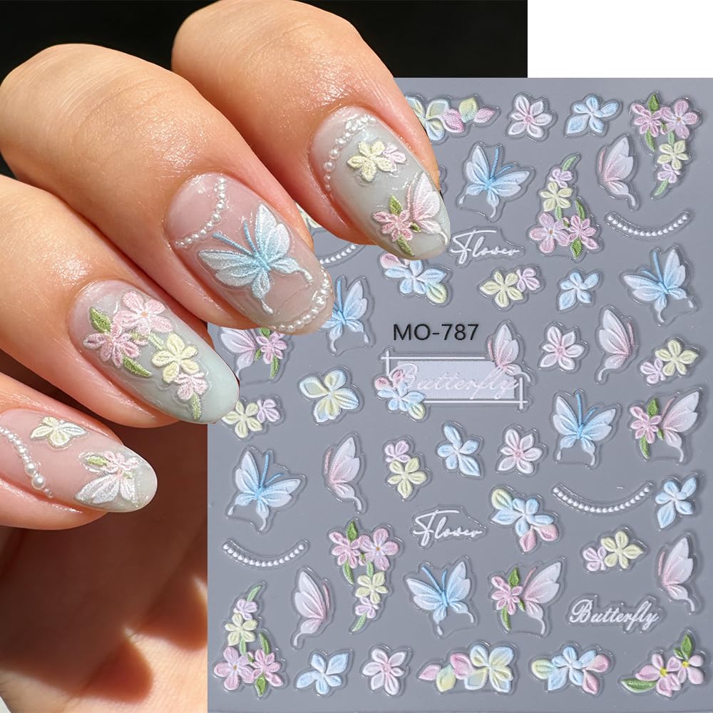 Butterfly Flower Nail Art Stickers Summer Spring 5D Embossed Nail Decals 3PCS Self-Adhesive Exquisite Floral Nail Stickers Flower Nail Art Accessories for Women Acrylic Manicure Nail Decoration DIY