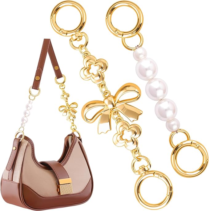 2Pcs Bag Extender Chains (Bow and Pearl) Purse Extender Chain Bags Strap Extender for Handbags Crossbag Shoulder Bags, Metal Gold Chain Replacement Purse Bag Chains Accessories Mother's Day