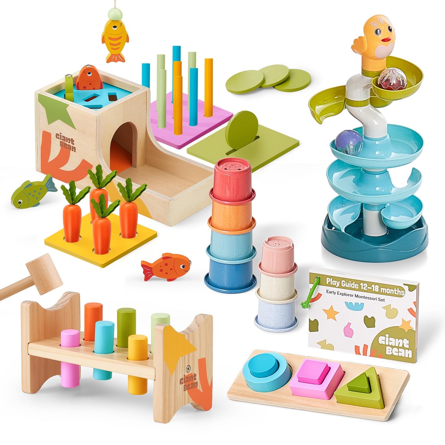 Giant bean 8-in-1 Wooden Montessori Toys Set Learning Toys for Baby 12-18 Month with Object Permanence Box, Senser Ball Roll Tower, Hammer, Fishing Carrot, Shape Sorting Stacking Cup for Kids 1+
