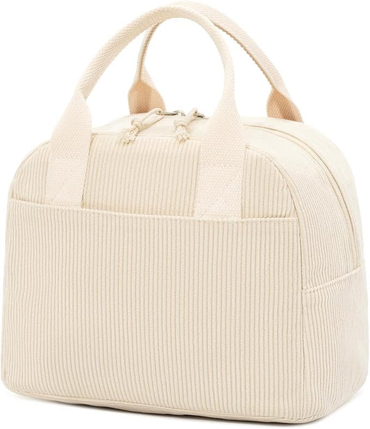 LOVELYWIND Insulated Cream Beige Lunch Bag for Women, Stylish Corduroy Tote with Aluminum Lining, Large Capacity Reusable Cooler for Work, Travel, or Beach, Beige Cream Water-Resistant Lunch Box