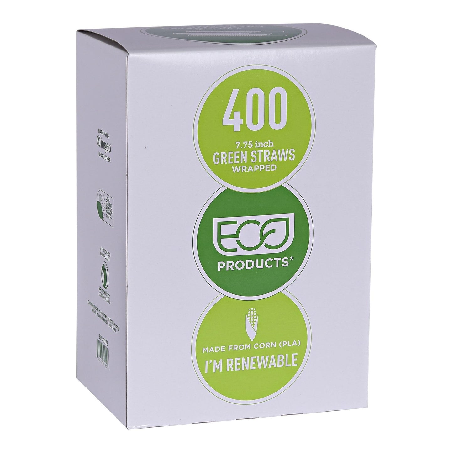 Eco-Products Compostable Paper Wrapped Plastic Straws, 7.75" Long, 5mm Diameter, Case of 9600, Green Disposable Plant Based PLA Plastic, Standard Sized Drinking Straws, ASTM Compliant, BPI-Certified