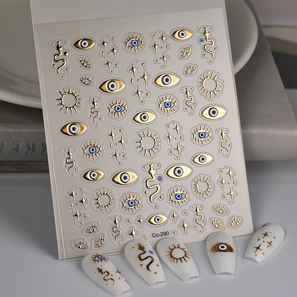 Gold Evil Eye Nail Art Stickers 3D Gold Nail Stickers Star Snake Nail Decals Gold Stickers for Nails Designs Self-Adhesive Nail Art Supplies for Women Girls DIY Manicure 1 Sheets
