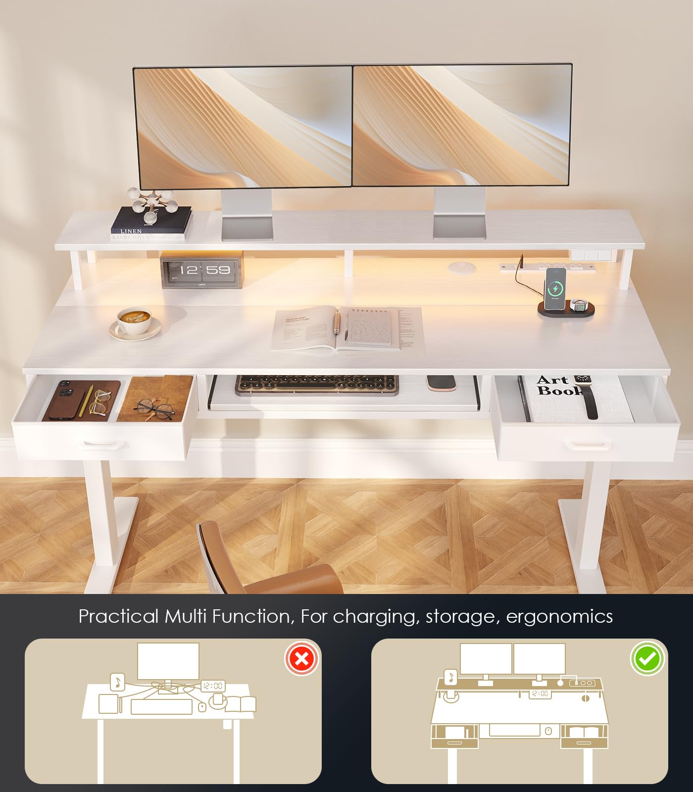 OffiGo Electric Standing Desk with Drawers & Keyboard Tray, 55 Inch Height Adjustable Desk with Power Outlets & LED Lights, Sit Stand Table with Monitor Stand for Home, Office, White