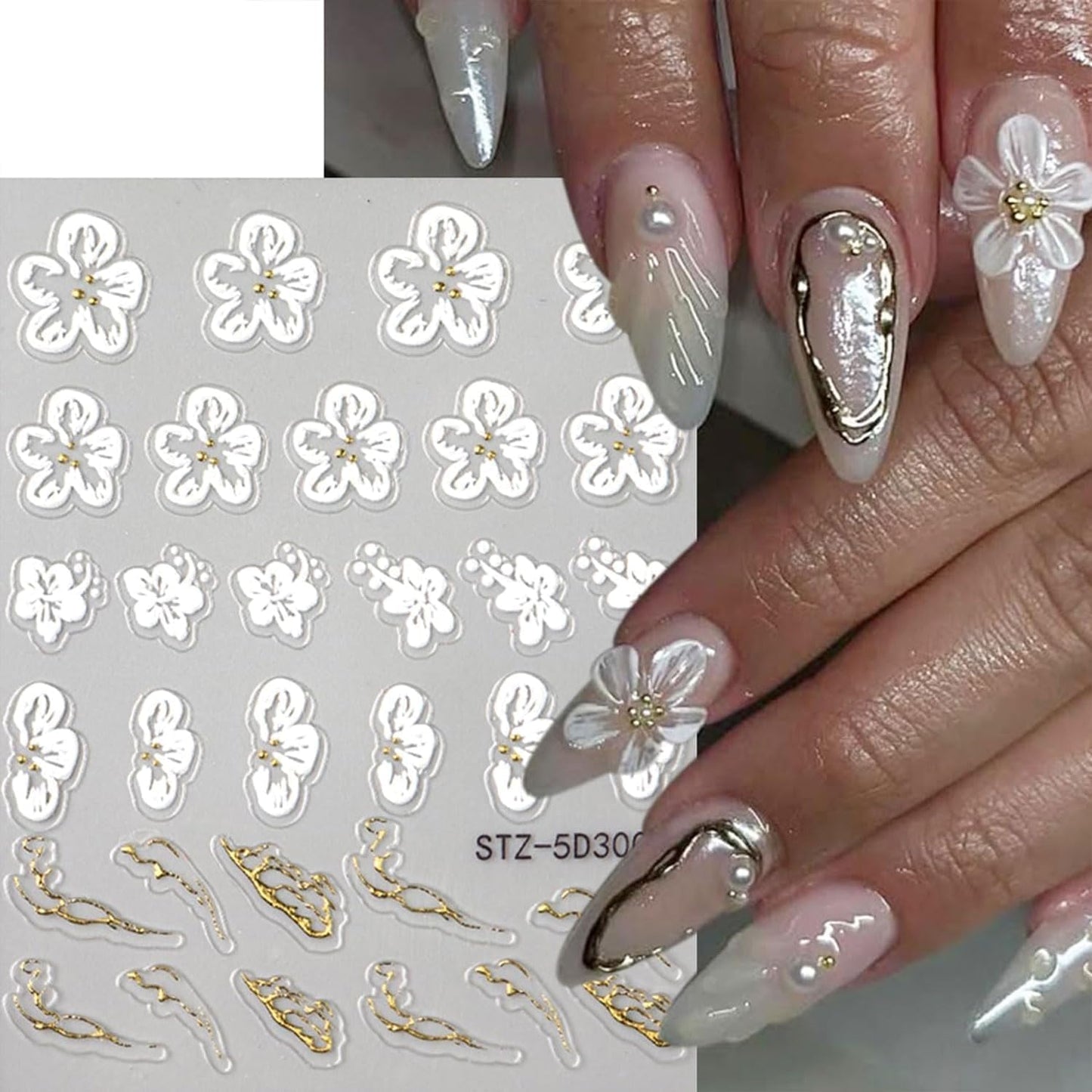 4 Sheet 5D Embossed Nail Stickers Flower Nail Art Stickers Decals for Spring Nail Supplies Pink Floral Nails Art Design Daisy Gold 3D Self-Adhesive Manicure Decoration for Women Nails Supplies