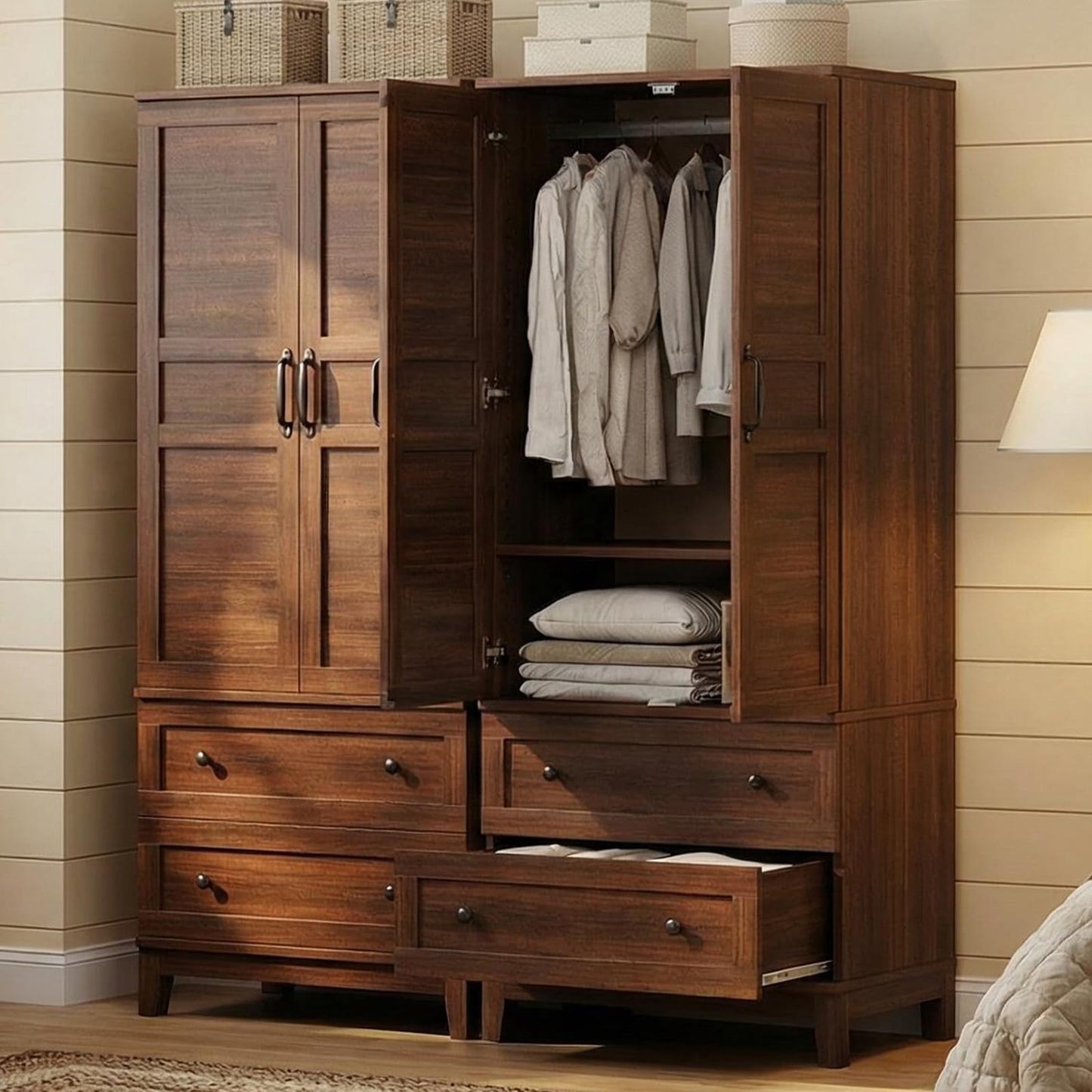IDEALHOUSE Armoire Wardrobe Closet with 2 Drawers, 72" Tall Wooden Clothing Wardrobe with Hanging Rod & DIY Adjustable Shelf, Heavy Duty Bedroom Armoire Storage Cabinet with Doors, Walnut