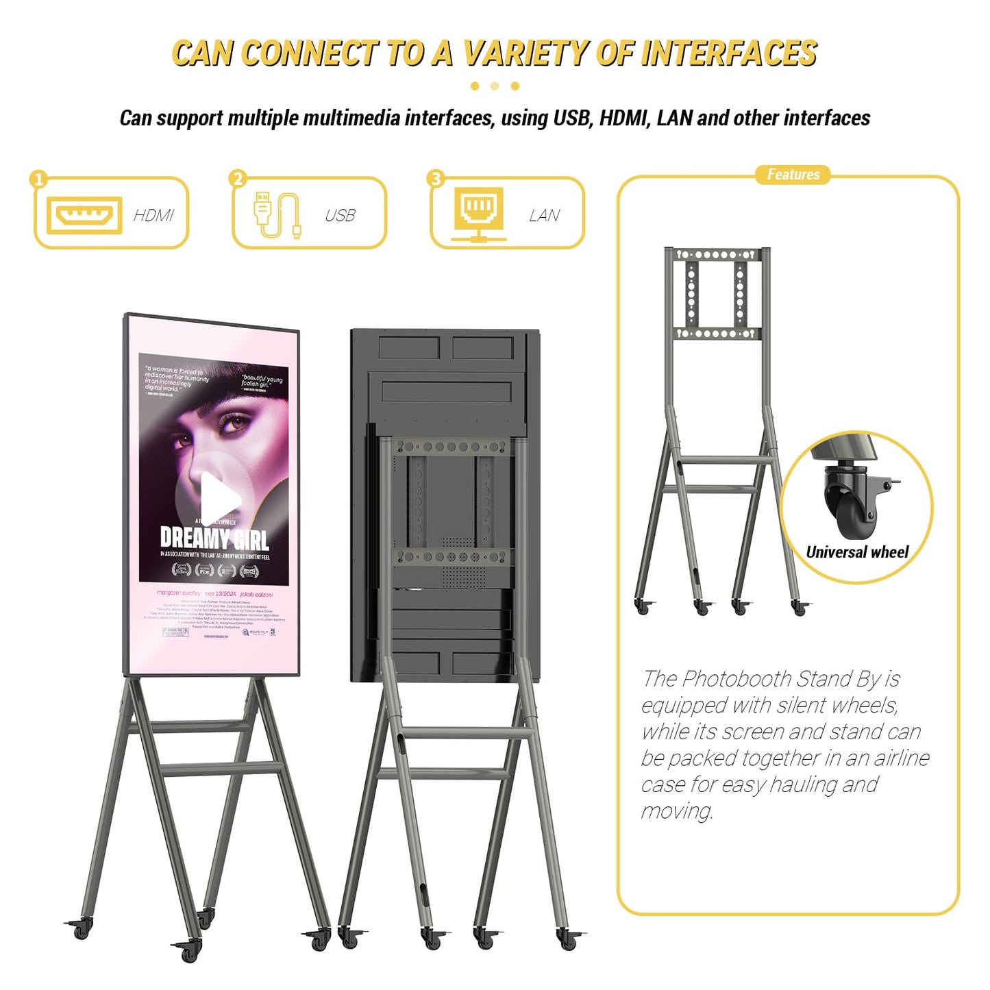 MWE Mobile Digital Signage Display 43in,Portable UHD Touchscreen Advertising Display Kiosk Poster App Publishing,Video Photo Booth Standby Series Screen Mirroring (NonTouch Screen, Metallic, 43in)