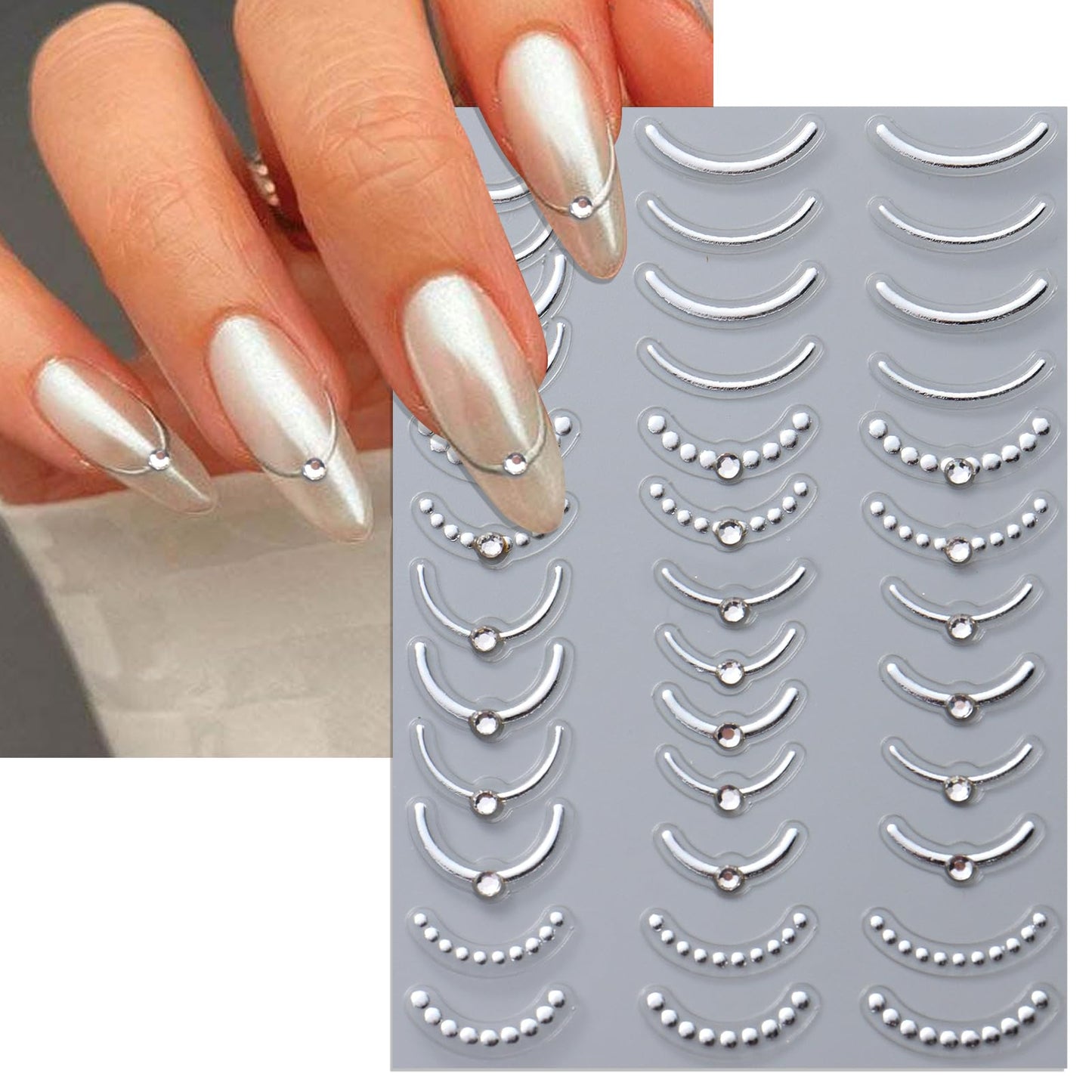 IDDFEVE Rhinestone Studded French Line Nail Art Stickers - 3 Colors Gold Sliver Black Crystal Diamond Self-Adhesive Curved Stripes Nail Decals, French Tips Guides for DIY Manicure (3 Sheets)