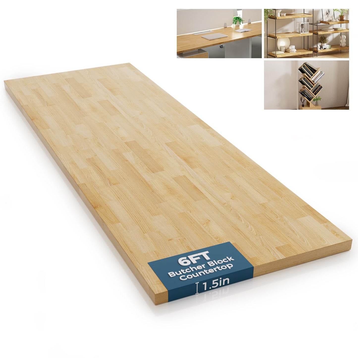 Solid Wood Butcher Block Countertop - 6ft Unfinished Birch Slab Counter Top Wooden Table Desk Top for DIY Kitchen Island, Workbench, Washer Dryer, Coffee Bar Table, 72"x25"x1.5"