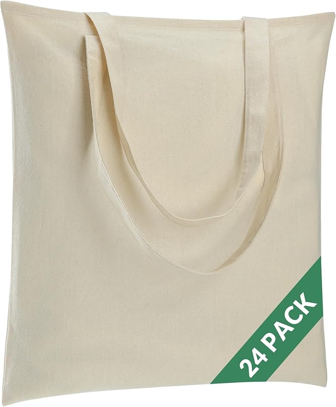 Carbrea 24 Pack Canvas Tote Bag - Lightweight Thin Tote Bags Bulk Blank Shopping Reusable Grocery Bags for DIY Gift Sublimation Activity - Beige