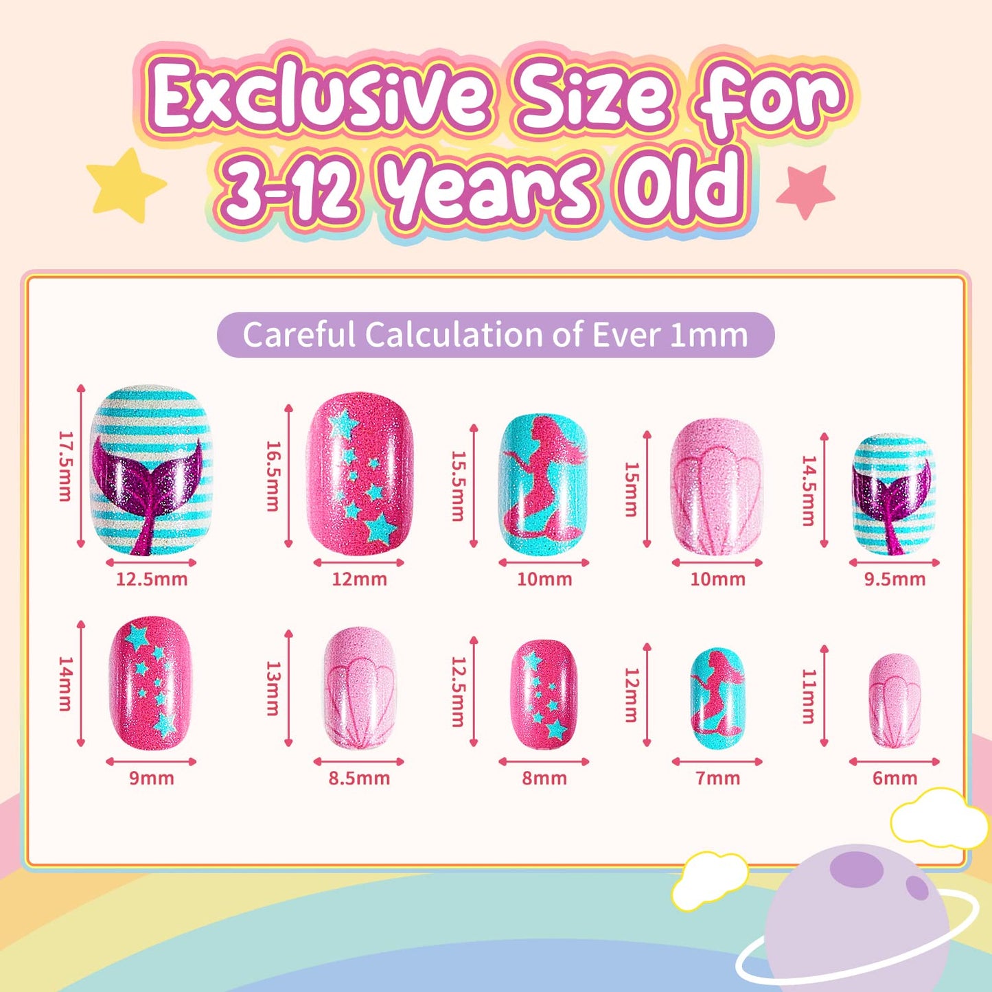 Modelones Press on Nails for Kids 144Pcs 6 Pack Children Acrylic Fake Nails Pre-glue Full Cover Glitter Color Mermaid Beach Short False Nail Art Kits Sets Gifts for Girls