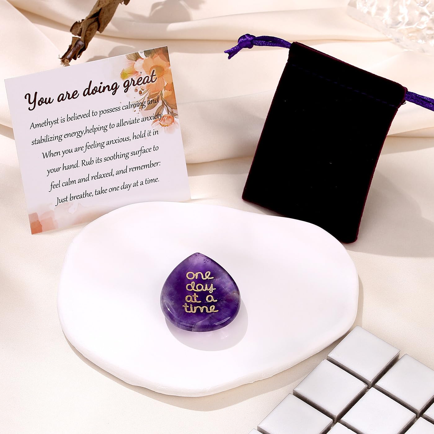 One Day at A Time Amethyst Thumb Worry Stone for Anxiety Crystals Healing Stones Inspirational Stone for Meditation Worry Stones for Stress Relief Sobriety Gifts Thinking of You Gifts for women