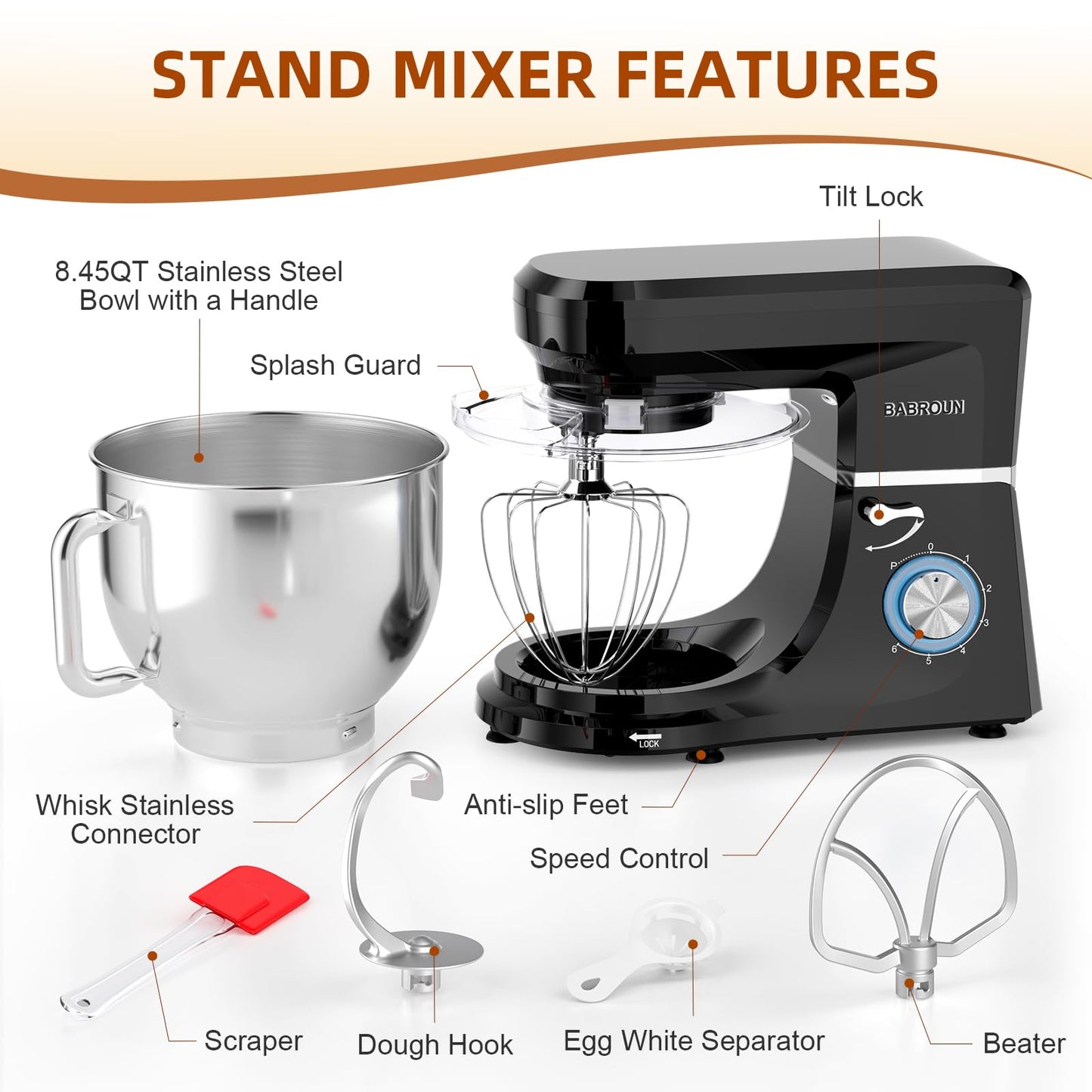 Babroun Dough Mixer 8.45 QT Electric Mixer - 660W 6 Speed Large Capacity Kitchen Stand Mixer with Whisk Dough Hook Mixing Beater Household Food Mixer for Baking Cakes Cookie Bread Salad