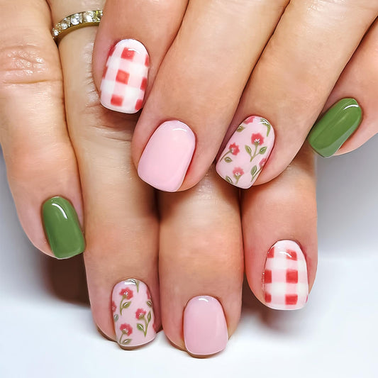 Gingham Short Square Press on Nails with Picnic Design Glossy Red Fake Nail Flower False Nails Floral Glue on Artificial Fingernails Plaid Full Cover Stick on Nail for Women Daily Wear